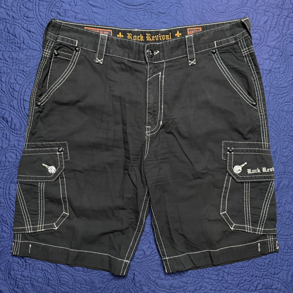 Rock Revival Mens Black Cargo Shorts Contrast Thick Stitch Embroidered 40x23